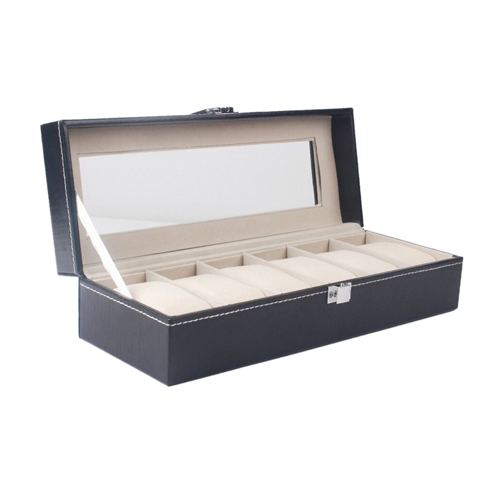 6 Slot Watch Box Case Holder Watch Showcase Lockable -Glass Lid