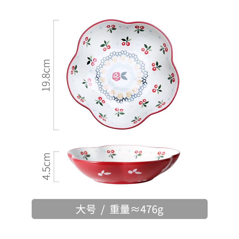 Ceramic dinner plates Hand-Painted Plate Cherry Lace Ceramic Service Plate Household Dish Fruit Salad Dish Snack Flower CakeTray: L