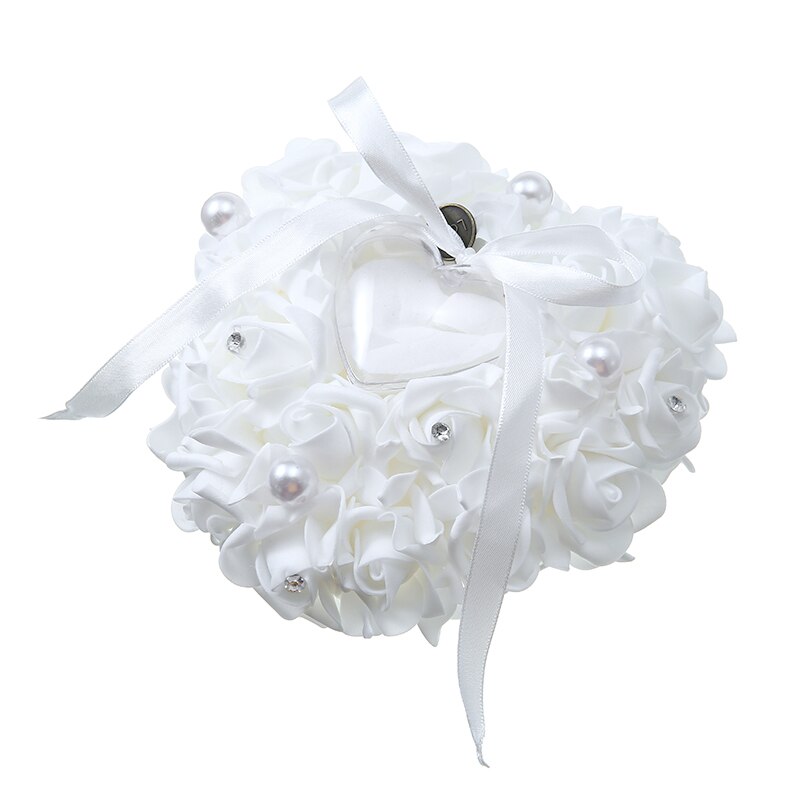 En forma de corazón de marfil Flor de satén proponer anillo cojín caso titular de anillo de ceremonia portador del matrimonio decoración de la boda