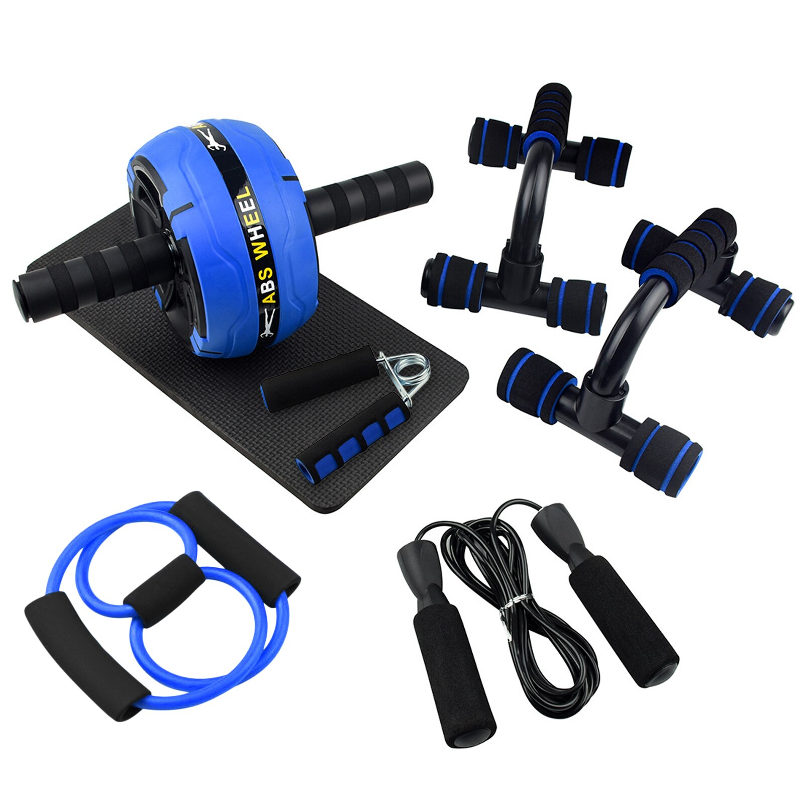 AB Wheel Roller Kit Abdominal Wheel Set with Push-Up Bar Jump Rope Hand Gripper and Knee Pad Home Gym Workout Equipment