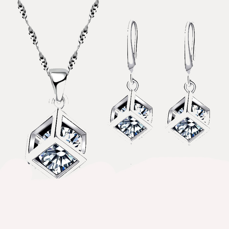 Trendy Sieraden Set Voor Vrouwen 925 Sterling Zilveren Sieraden Set Vierkante Hanger Ketting Oorbellen