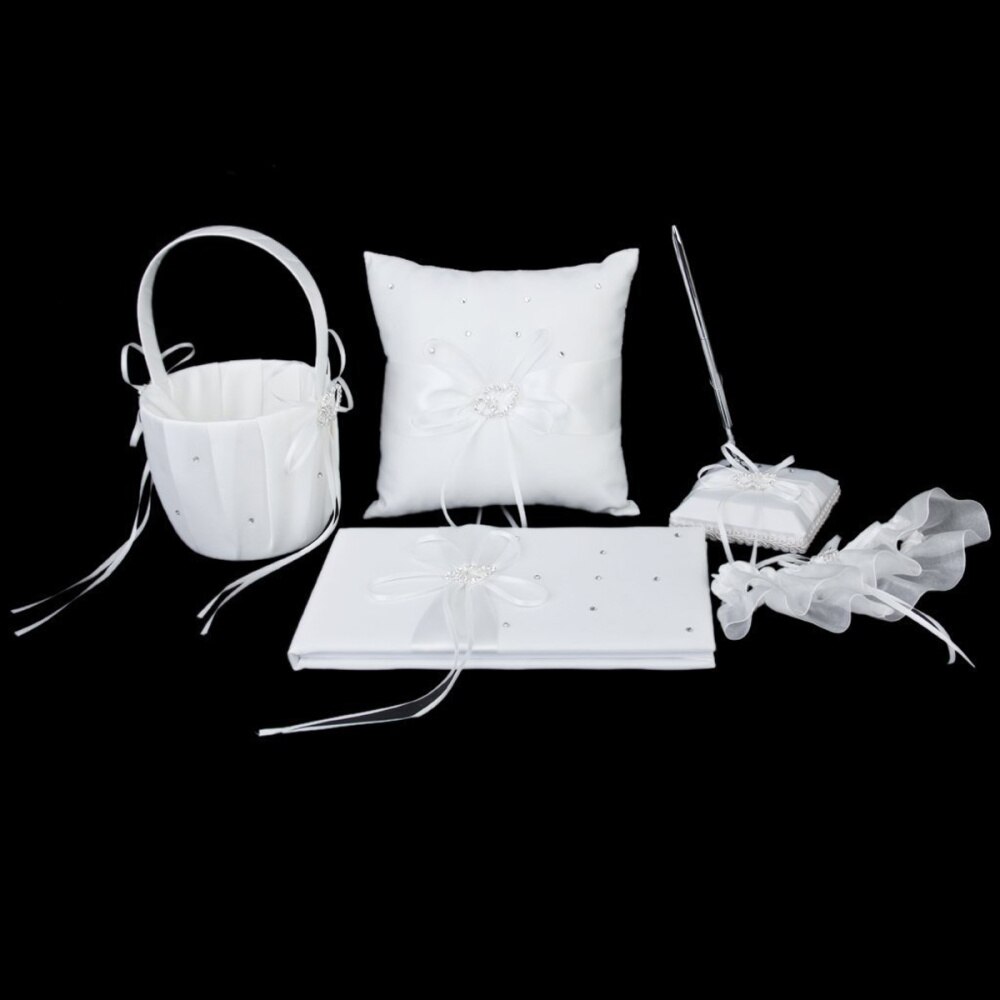 5- i -1 romantiske krystal rhinestones dobbelt hjerte & bue indretning bryllup tema stil gæstebog/pen stander holder/ring pude/