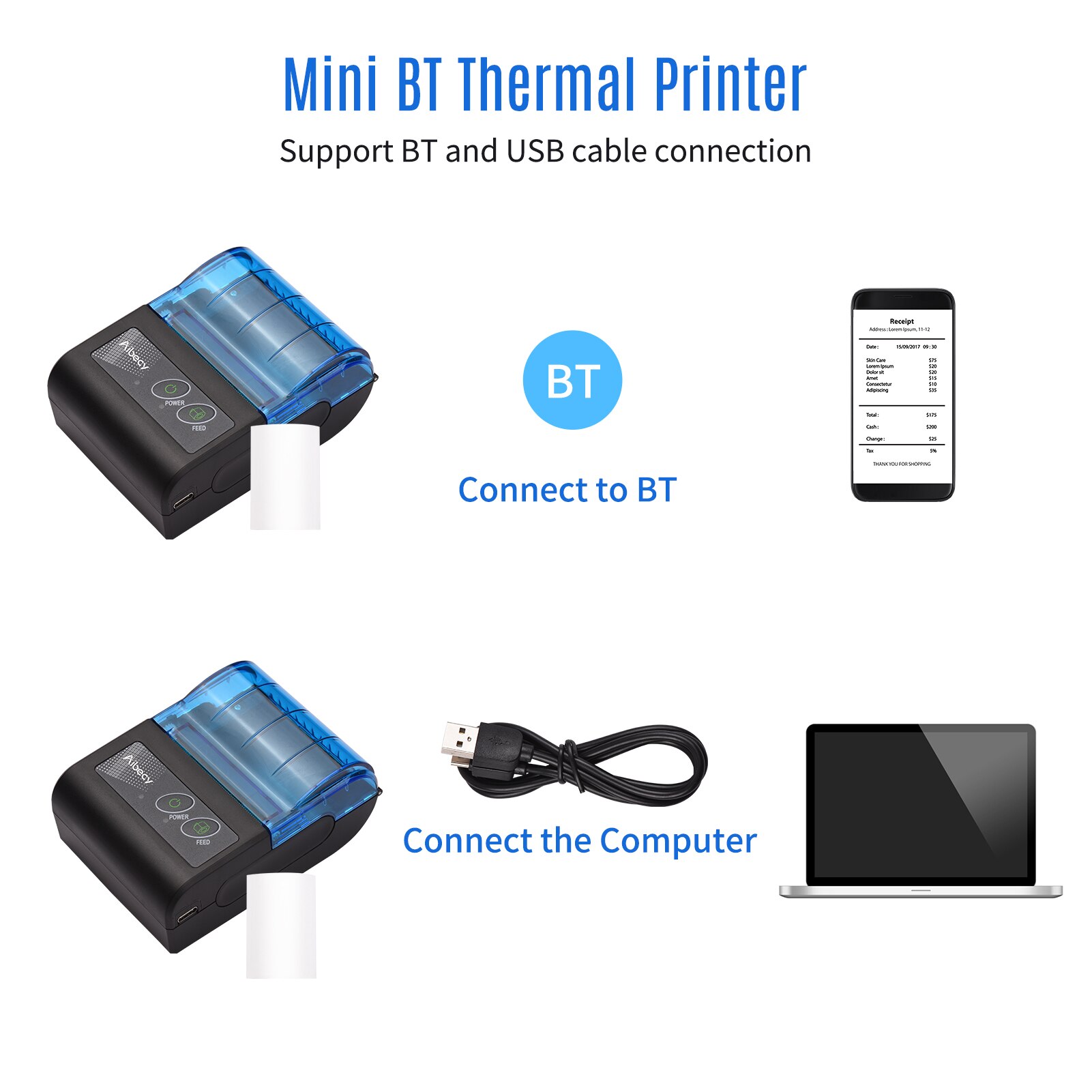 Portable Mini Thermal Printer 2 inch Wireless USB Receipt Bill Ticket Printer Add 58mm Paper Compatible with iOS Android Windows