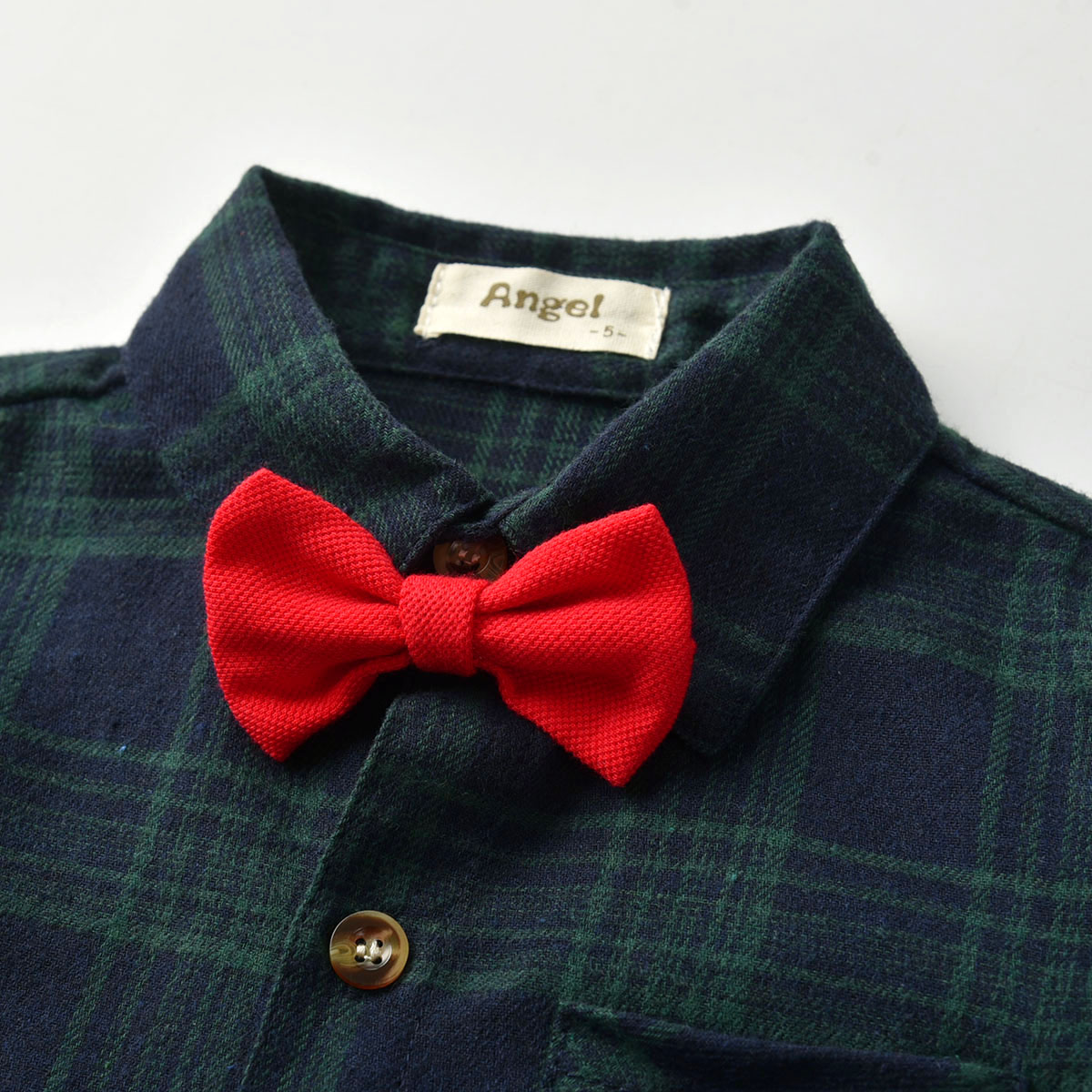 Little Boys Spring Autumn Shirt Blue Green Plaid Pattern Lapel Long Sleeve Single-breasted Top with Red Bow Tie