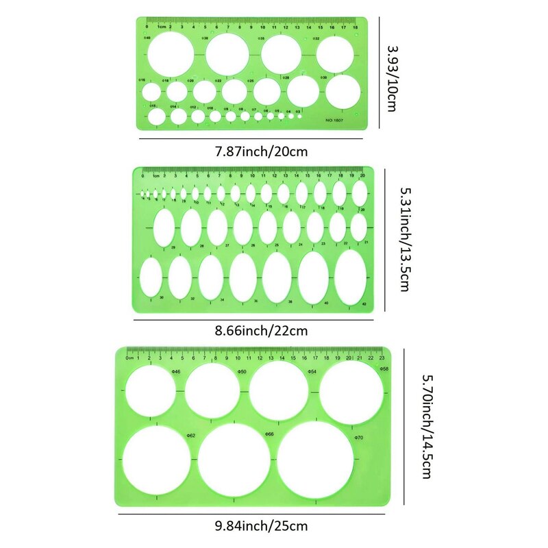 9 Pieces Drawings Templates Measuring Geometric Rulers Plastic Draft Rulers for School Office Supplies Clear Green