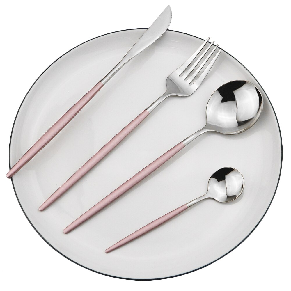 Silver Cutlery Set Stainless Steel Dinnerware Set Knife Dessert Fork Coffee Spoon Dinner Set Kitchen Tableware Silverware Set: 4Pcs Pink Silver