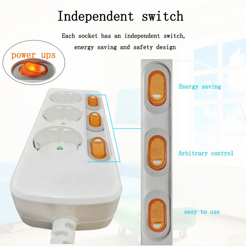 Hight Extension Cord Socket EU Plug Socket Separate Switch Control Power Strip with 2USB Charger Socket