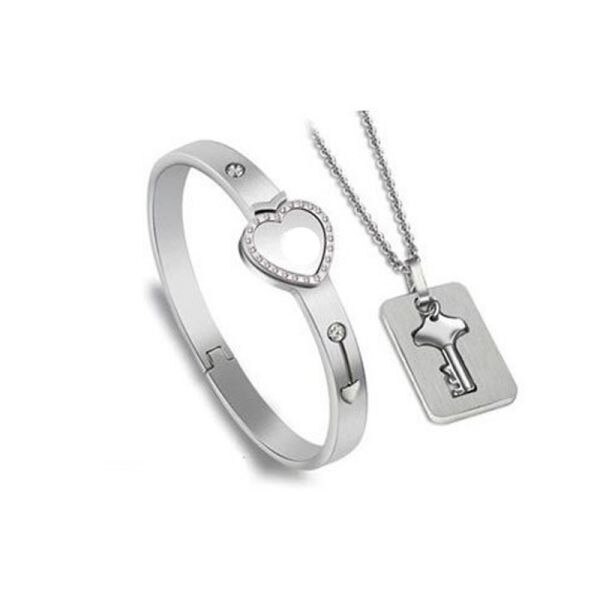 A Couple Lovers Jewelry Love Heart Lock Bracelet Stainless Steel Bracelets Bangles Key Pendant Necklace Jewelry: A4