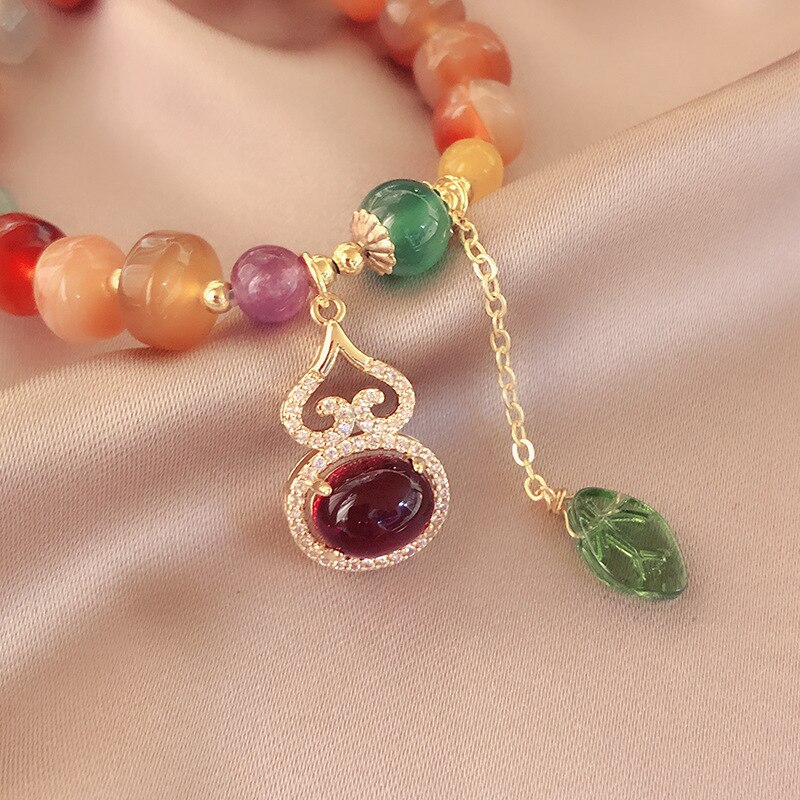 Natural Agate Beaded bracelet For Women Gourd Leaf Pendant Bracelets &amp; Bangles Bijoux Women Cinnabar Jade Fine Lucky Jewelry