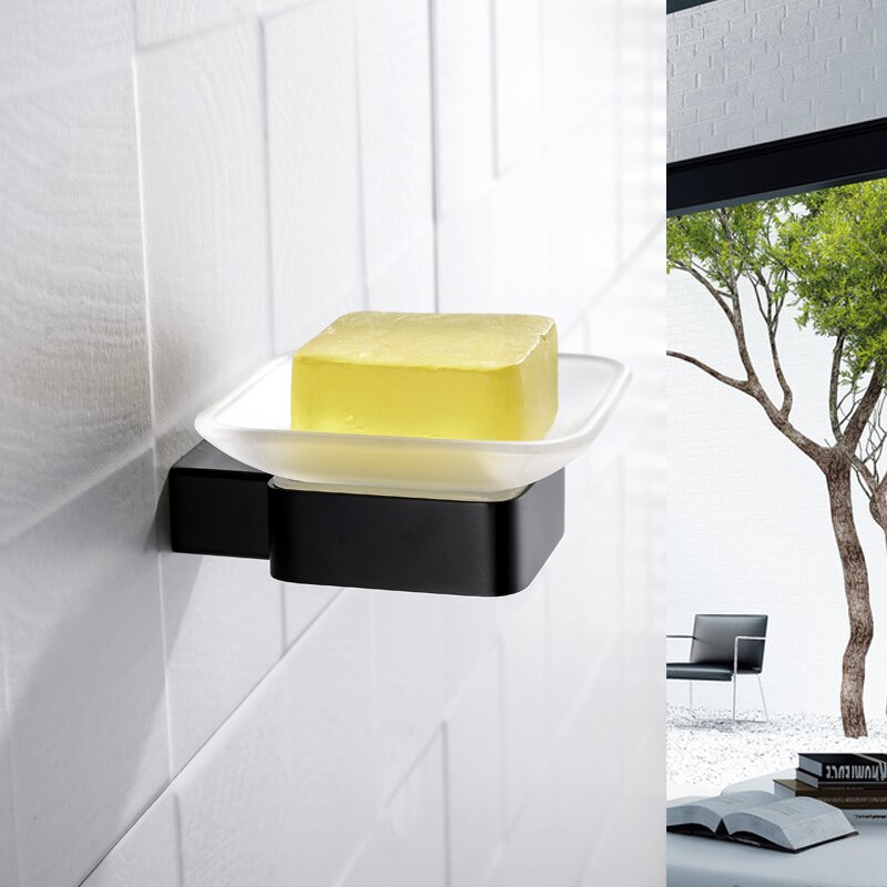 Home Hotel Square Bathroom Lavatory Soap Dish Glass Dish Frosted Square Glass Soap Dish With Black Holder