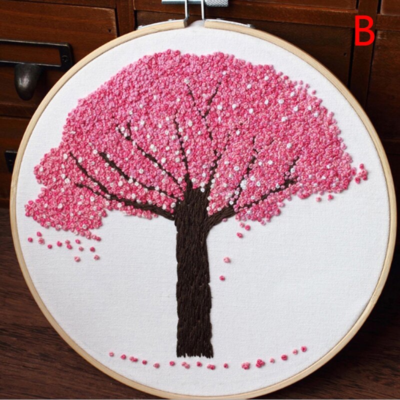 DIY Embroidery Plants Cherry Tree Handwork Needlework for Beginner Cross Stitch Kit Ribbon Painting Embroidery Hoop Home Decor