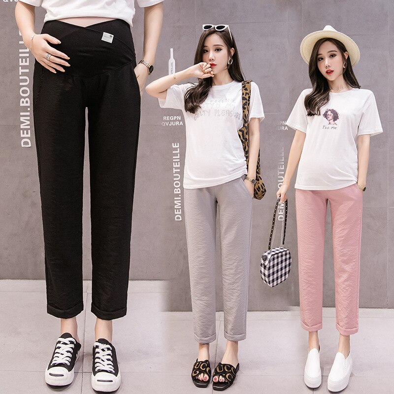 Popular Casual Pregnant Women Loose Pants Maternity Adjustable Trousers Black Grey Pink Waist