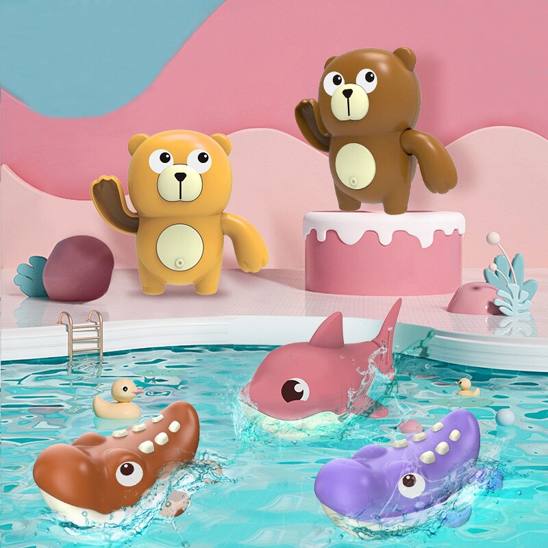 Summer Baby Bath Toys For Kids Boys And Girls Cute Animal Bear Shark Crocodile Clockwork Swimming Water Toys For Bathroom Beach