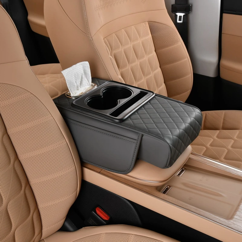 Caja de reposabrazos para coche, almohadilla de altura gruesa de 7,5 cm, cojín para reposabrazos con bolsillo, portavasos de tejido, soporte para codo de algodón con memoria, almohadilla de altura