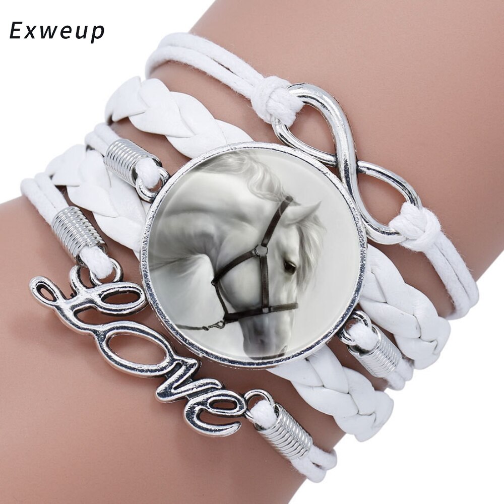 Exweup Vintage Horse Pattern Black Leather Bracelets Bangles Love letter Crystal Gem stone Bracelets Women Bangle Wristbands