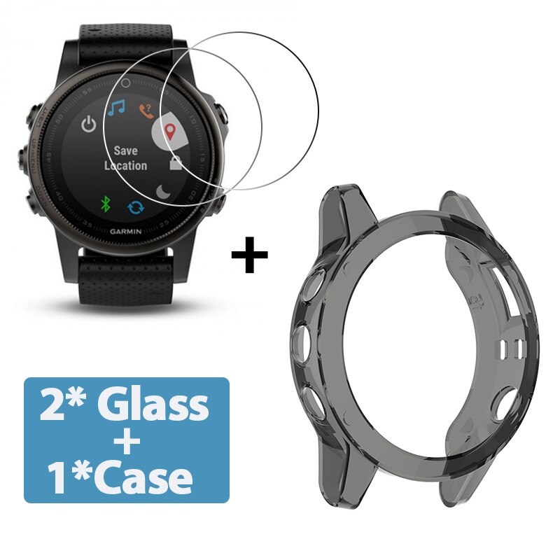 2 + 1 caso protetor de tela para garmin fenix 5 5S 5x relógio inteligente tpu macio capa protetora escudo filme vidro temperado: Black / Garmin fenix 5