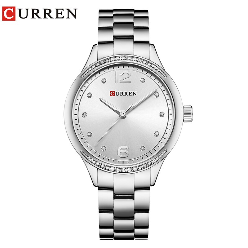 CURREN Watch Women Luxury Brand Dress Ladies Wristwatch Rhinestone Quartz Clock Stainless Steel Waterproof Montre Femme: silver