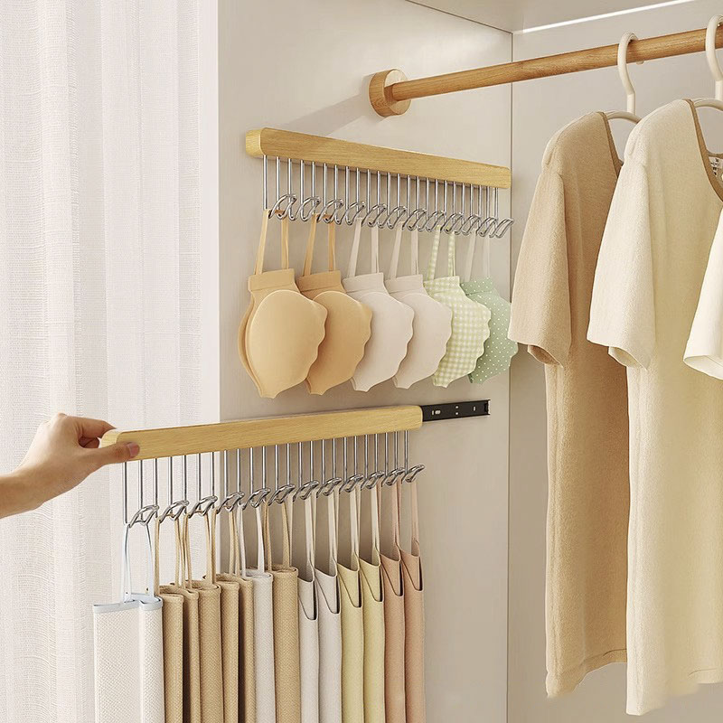 Wandbehang aus Holz mit Teleskop-Wäscheständer und Edelstahlhaken, ausziehbarer, platzsparender Unterwäsche-Tanktop-Organizer.