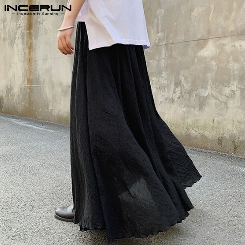 INCERUN Mens Solid Color Skirts Loose Elastic Waist Casual Skirts Spring Male Korean Style Long Skirts Streetwear S-5XL