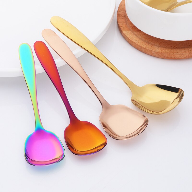Flat Bottom Spoon Set Ice Cream Dessert Fruit Salad Spoon Simple Stainless Steel Tableware Home Kitchen Accessories