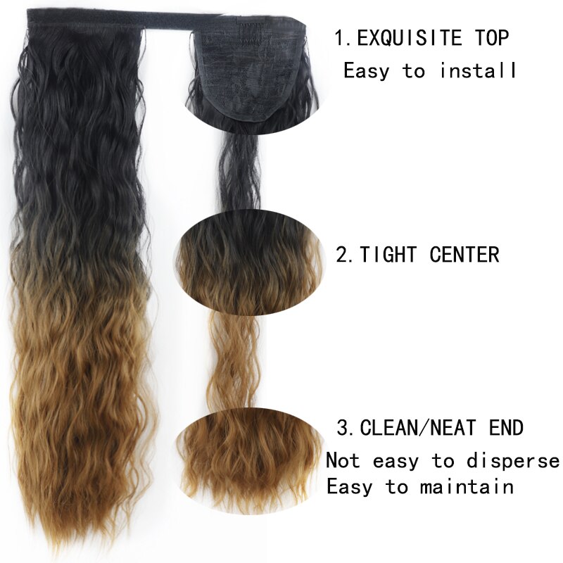 Werd lockigt lång hästsvans syntetiskt hårstycke wrap on clip hair extensions ombre brun hästsvans blont hår