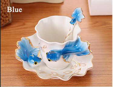 Enamel Goldfish Coffee Mugs Tea Cups With Saucer Spoon Porcelain Drinkware: 2