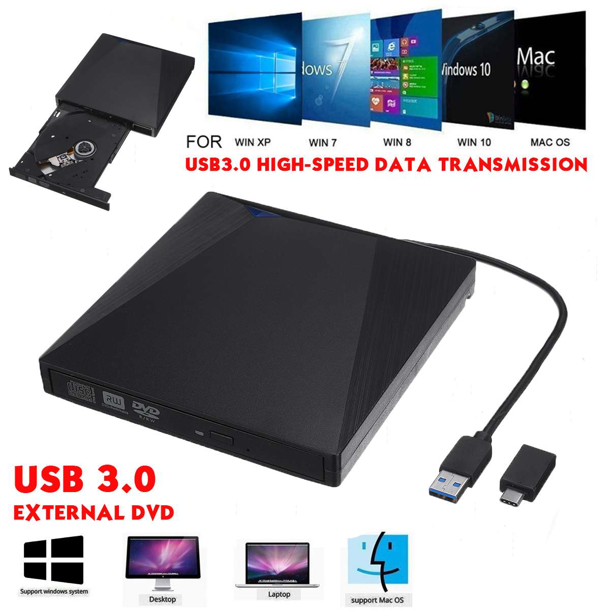 Lecteur optique externe usb 3.0, graveur de DVD, RW, graveur de CD, lecteur optique mince, Type plateau, Portable pour PC Portable