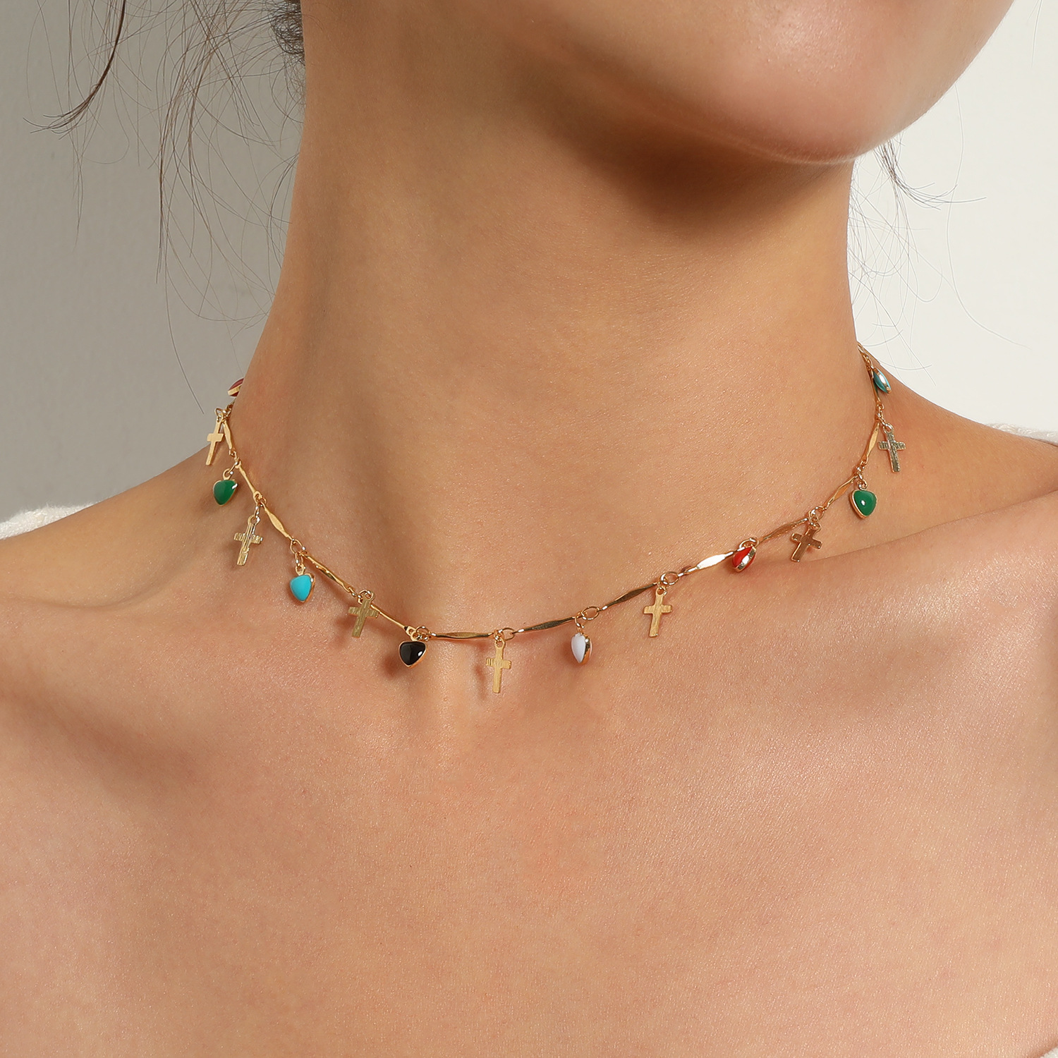 Bohemian Drip-Geglazuurd Liefde Cross Ketting Voor Vrouwen Multi-Layer Kleurrijke Kwasten Crystal Hanger Choker Ketting Mode-sieraden