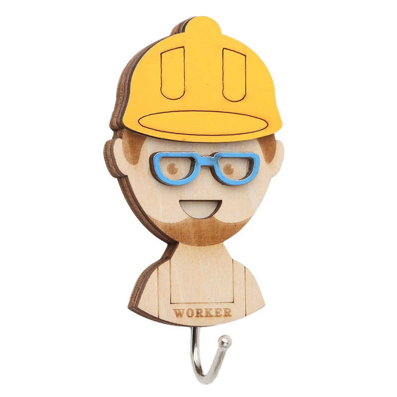 Wooden Cartoon Door Non-Marking Adhesive Hook Strong Load-Bearing Wall Adhesive Three-Dimensional Removable Hook: worker