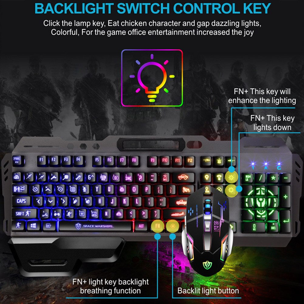 USB Wired Home Office Rainbow Backlit Mute Keyboard Mouse Combo Removable Hand Rest Waterproof For Desktop 104 Keys Gaming