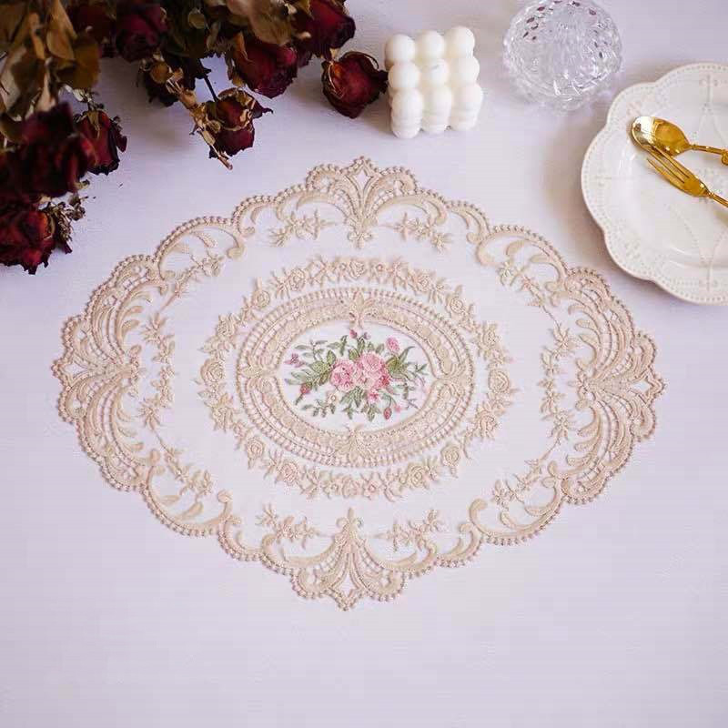 Napperon de Table en dentelle ovale de 37x29CM, napperon blanc brodé, tasse, dessous de verre, serviette de cuisine