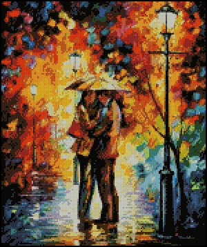 Top telpatroon hug in de regen raining omhelzing liefde, olieverfschilderij kruissteek