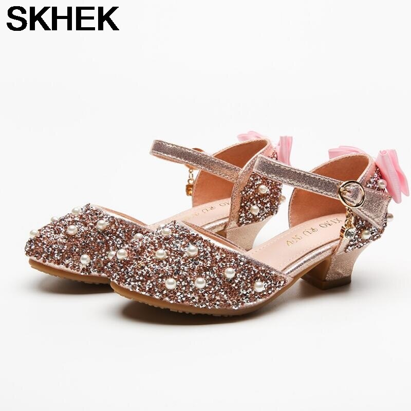 SKHEK dziecięce skórzane buty dla dziewczynek księżniczka kwiat dorywczo brokat dzieci szpilki dziewczęce buty motylkowy węzeł niebieski różowy srebrny