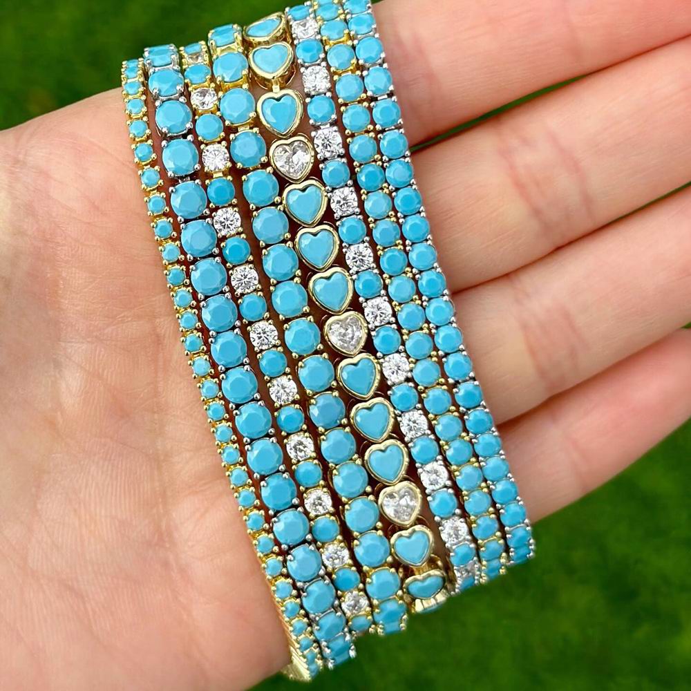 Stijlen Mode 3mm Blauw Turkoois Steen Tennis Chain Armband Voor Vrouwen Meisje Hip Hop Goud Kleur Sieraden