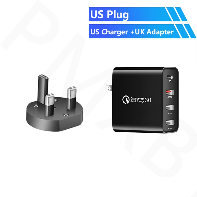 Multi USB Charger QC 4.0 Type C PD Wall Charger For Samsung S10 A90 Huawei Tablet iPhone 11 pro X MacBook Power Charging Adapter: UK Plug Black