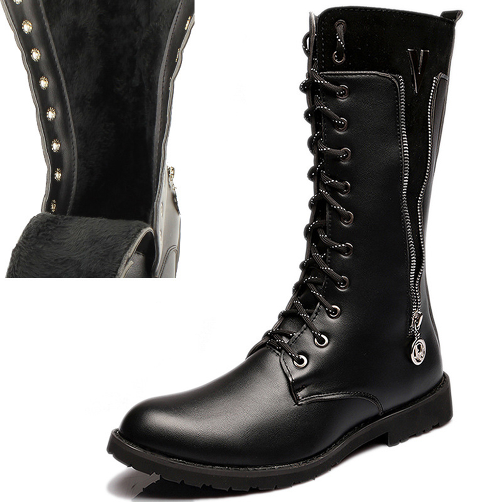 Motorlaarzen Retro Motocross Laarzen motorfiets Laarzen Riding Punk PU Leer Martin Schoenen Zwart Botas voor Mannen: Black velvet / 10