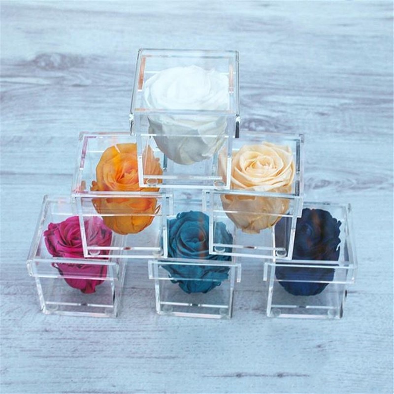 Clear Acrylic Flower Box Water Holder Vase Decorative Square Rose Pot Wedding Flower Box Makeup Organizer, 1 Holes