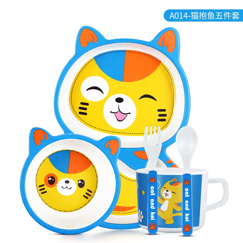 5 Pcs Dinnerware Set Bamboo Fun Flatware Set Cutlery Reusable Flatware with Plate Bowl Cup Spoon Fork Set KidsTableware Box: Yellow