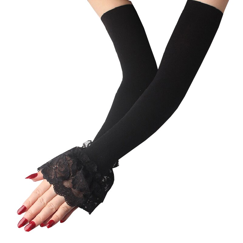 Gants longs d&#39;été en dentelle sans doigts, manches élastiques pour la conduite, mitaines longues sans doigts pour la Protection solaire: Black