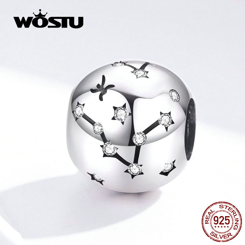 WOSTU 12 Constellation Aries Beads 925 Sterling Silver CZ Charm Fit Original DIY Bracelet Beads For Jewelry Making CQC1218