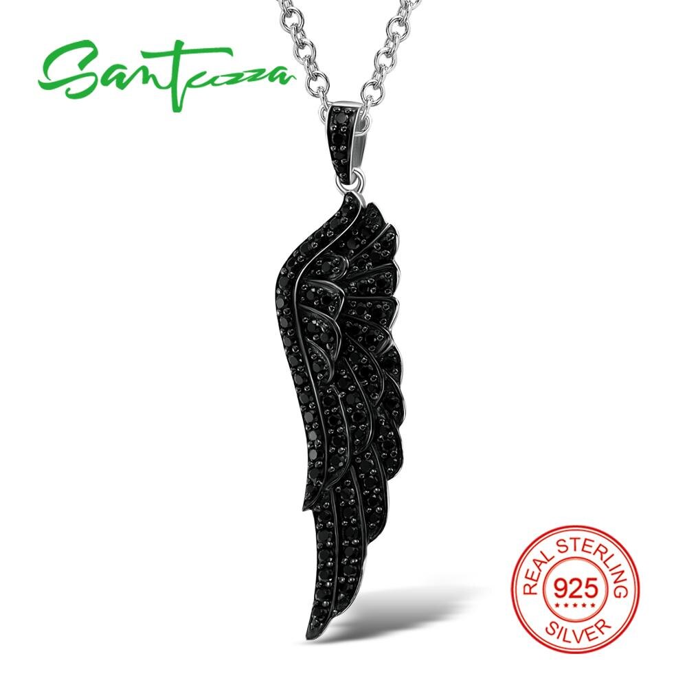 SANTUZZA 100% 925 Sterling Silver Pendant For Women Shiny Black Spinel Angel Wings Trendy Party Jewelry