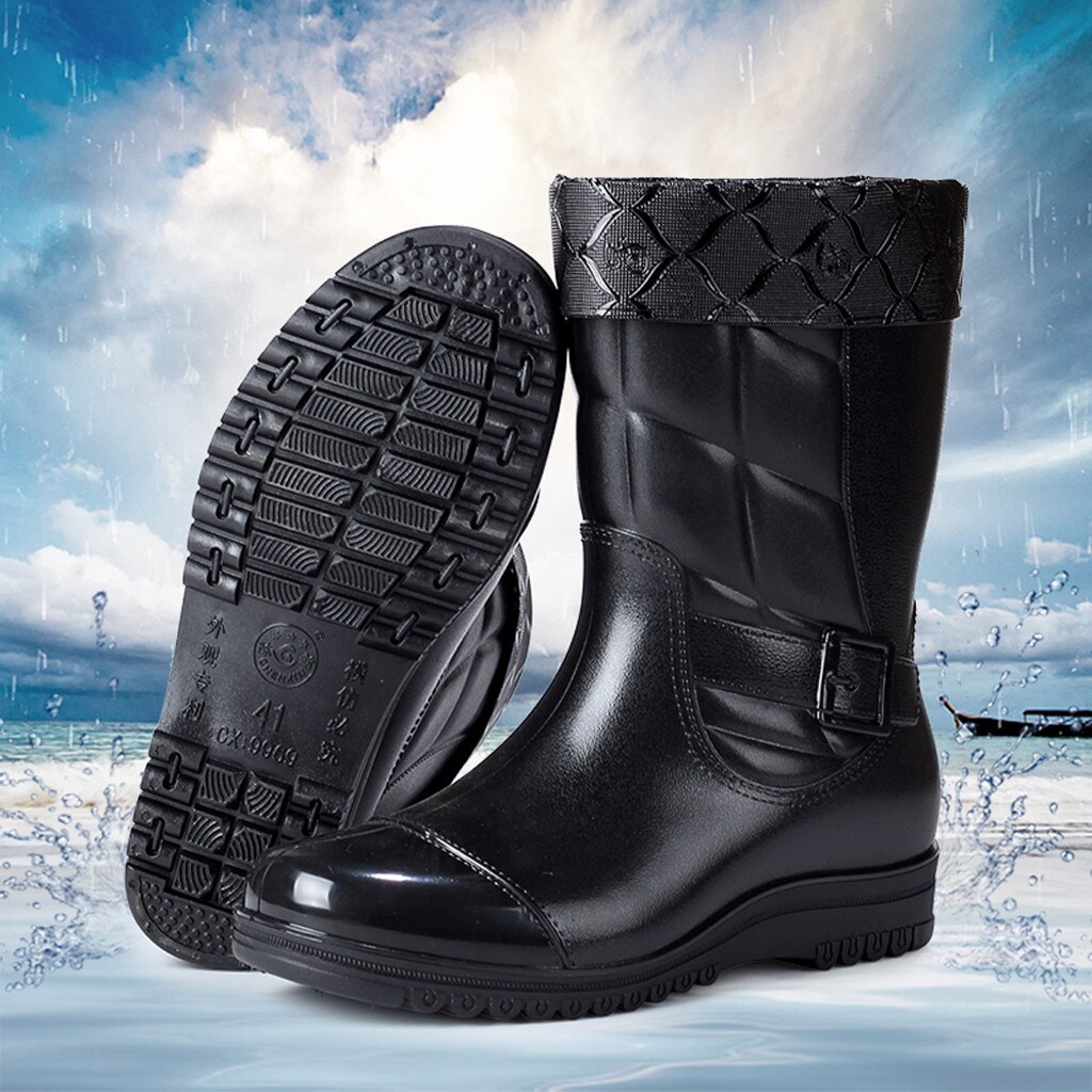 YOUYEDIAN negro fleece sólido ocio hombres de tacón bajo mantener zapatos de punta redonda impermeable medio tubo bota de lluvia # g35