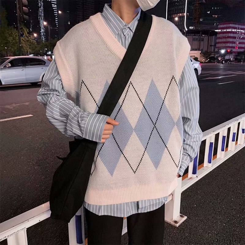 PADEGAO Sweater Vest Men Patchwork V-neck Sleeveless Sweaters Side-slit Couples Teens Vest Retro PDG1821: Gray / XL