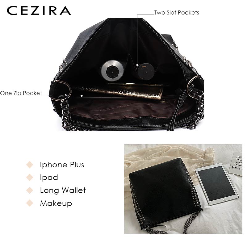 CEZIRA, bolso de hombro de cuero de PU grande para mujer, remaches de lujo, estilo Hobo para mujer, estilo Punk, bolso de mano de cuero vegano, bolso de hombro con cadena, bolso