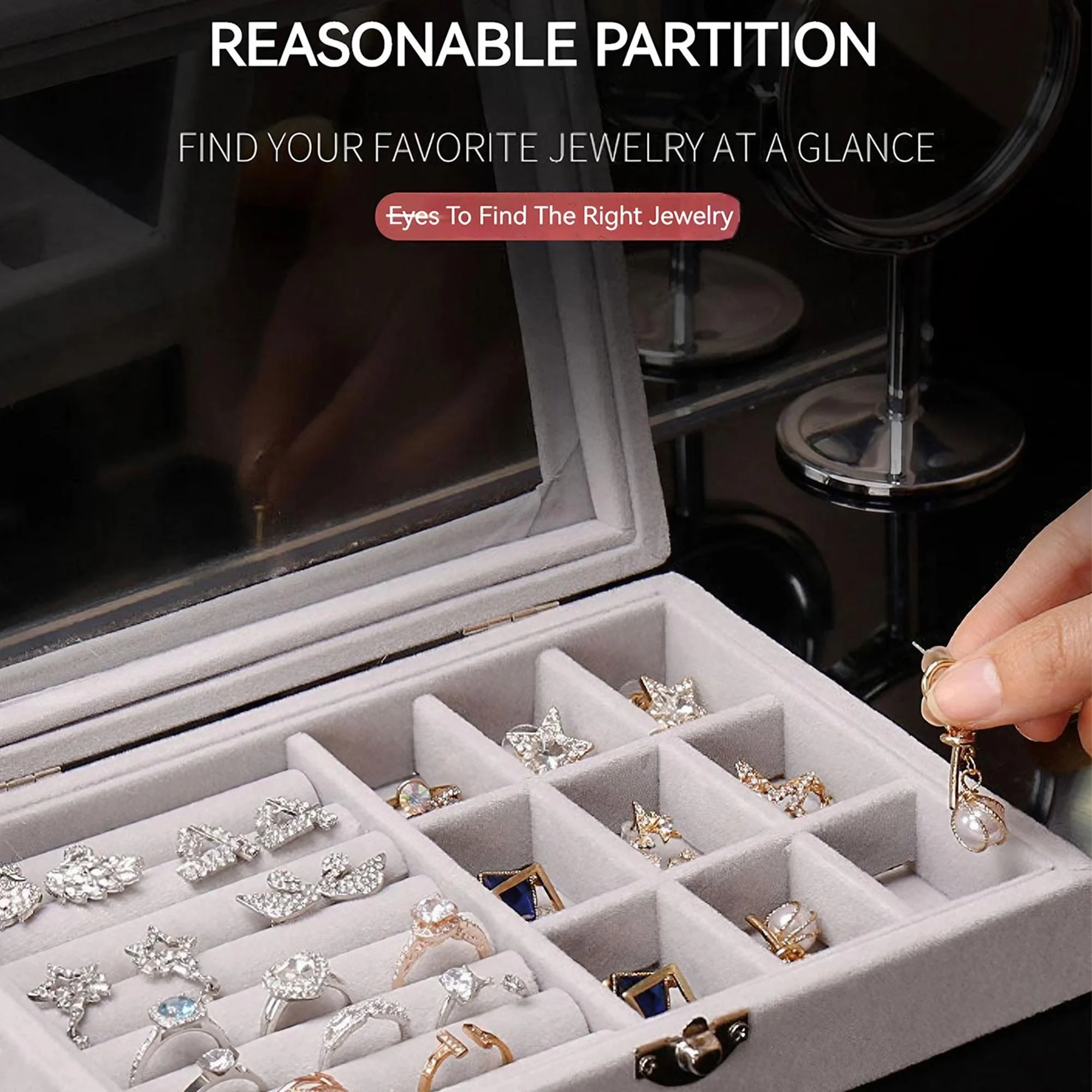 Fluwelen ring-organizerdoos - Sieradenhouder met doorzichtig deksel, stofdichte opbergbak voor ringen en oorbellen voor meerdere sieradenstukken