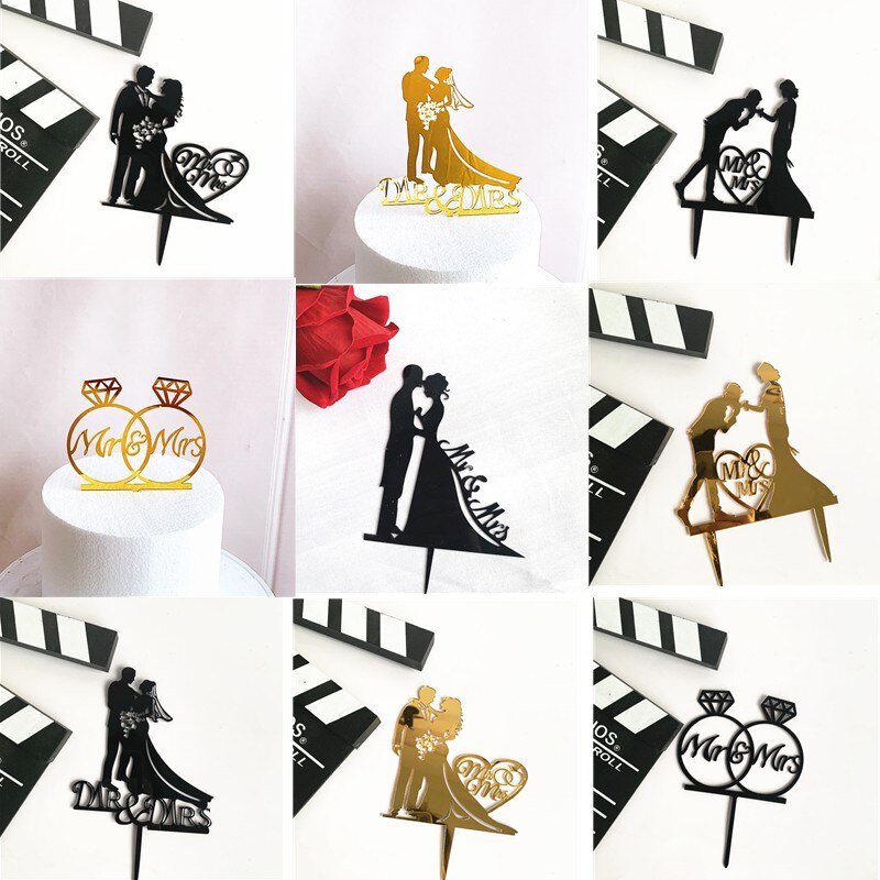 Wedding Cake Topper Mr Mrs Bride Groom Cake Decoration for Proposal Engagement and Wedding Gold and Black