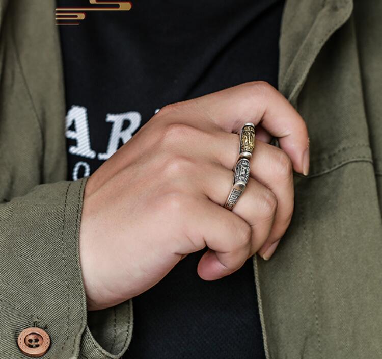 Fatti a mano In Argento 925 Tibetani Sei Parole Proverbio Anello Tornitura Anello Buona Fortuna Anello Resizable