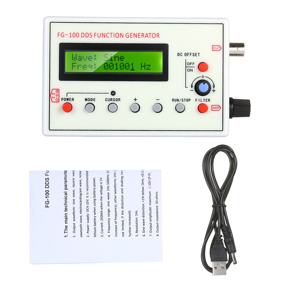 1HZ-500KHZ FG-100 DDS Functional Signal Generator Sine Triangle Square Sawtooth ECG Noise Output Source Module Frequency Counter