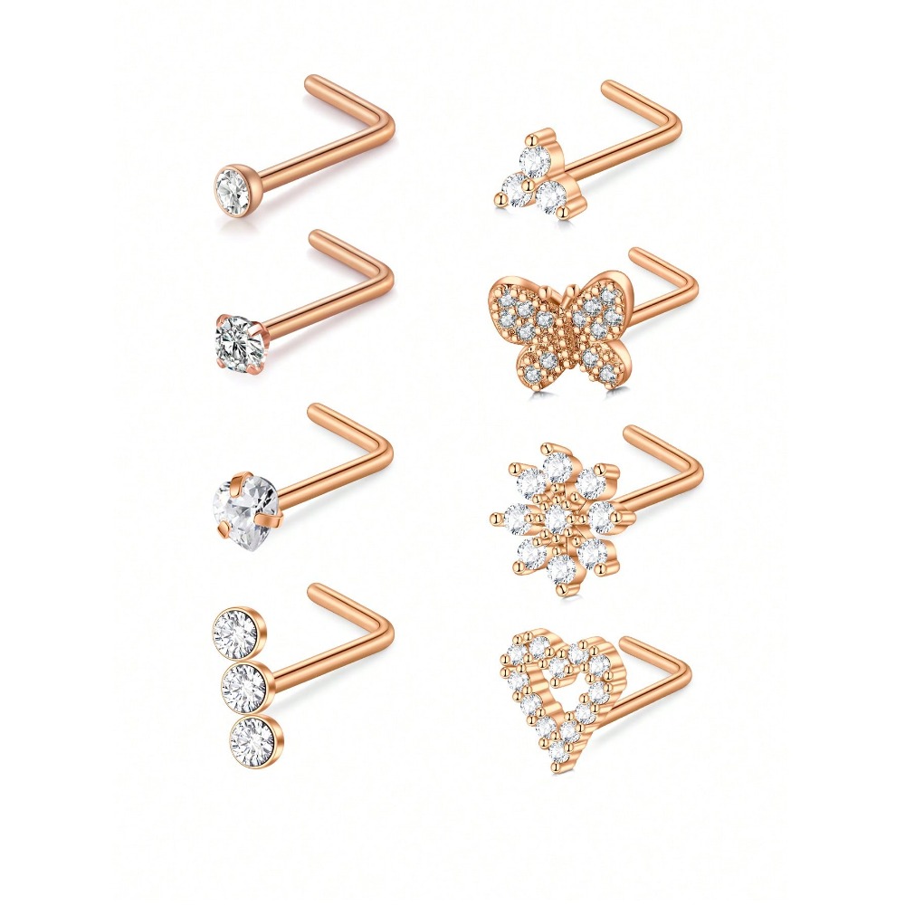8Pcs/Set Nose Studs Rings For Women 18G 20G Corkscrew L Shaped Nose Screw Studs Nose Rings Studs Surgical Steel Nostril Nose Pie: Light Yellow Color