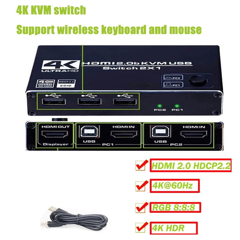 HDMI2.0 Kvm Switch 2 Port 4K @ 60Hz Usb Schakelaar Kvm Switcher Splitter Box Voor Delen Printer Toetsenbord muis Kvm Switch